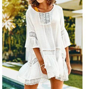 NEW White Ruffle Tunic Bathing Suit Cover Up Summer Beach Pool